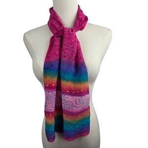 Signed Kriska Handpainted Silk Scarf Swiggle, Gold Dot Design Pink Multi 54"x10"